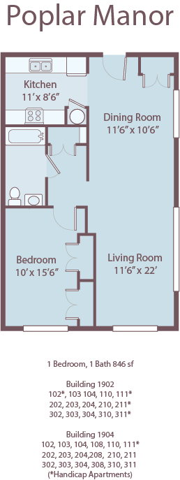 Floor plan for 1 bed, 1 bath, 846 sqft